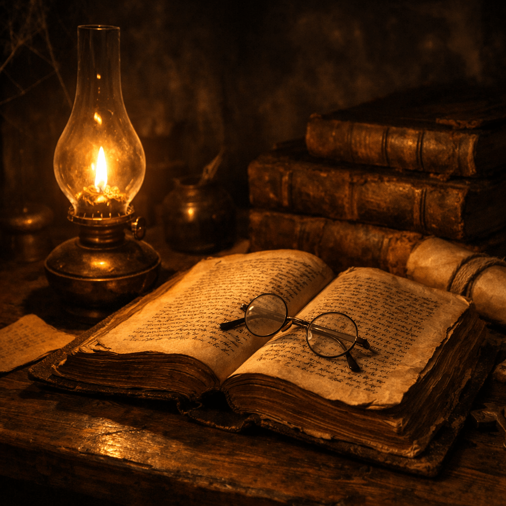 Open ancient book with handwritten text, round reading glasses, and glowing oil lamp
