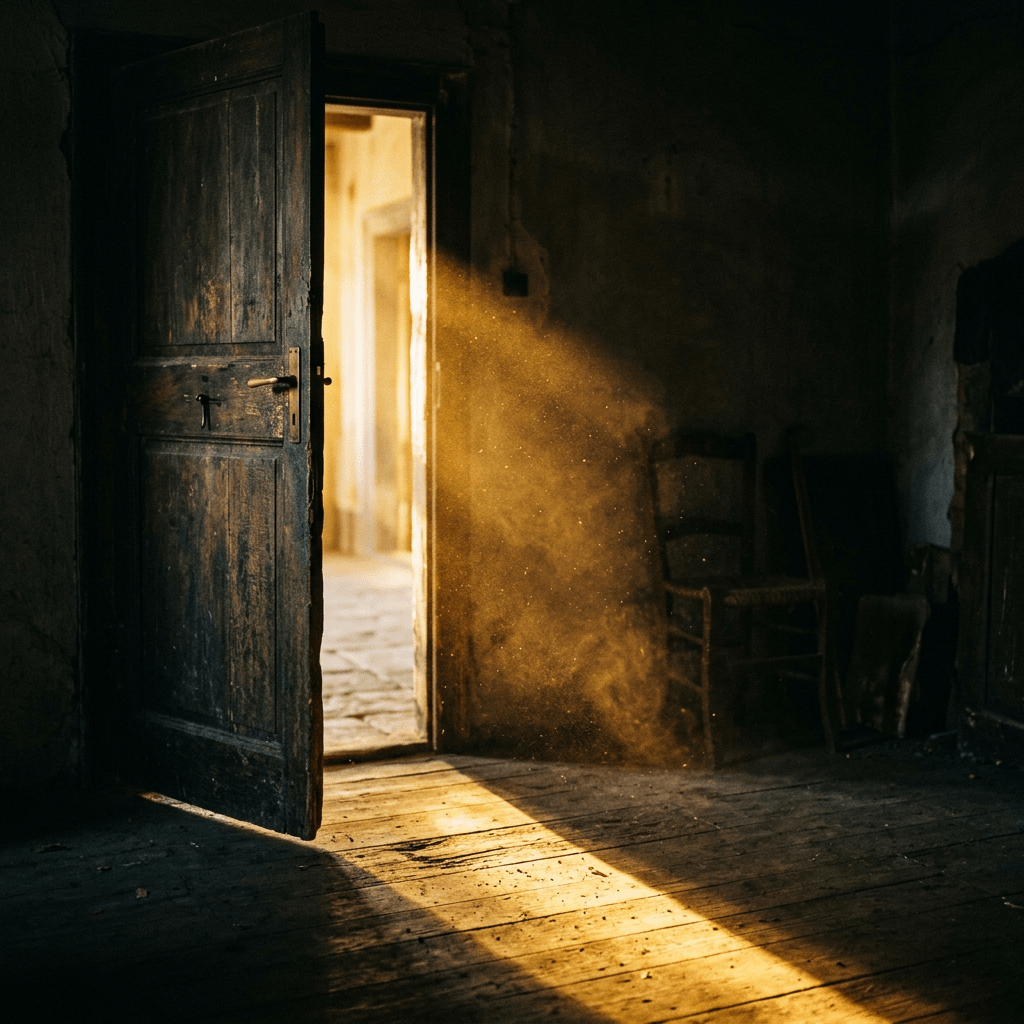 Sunlight illuminating dust particles through a partially open old wooden door in a dim room