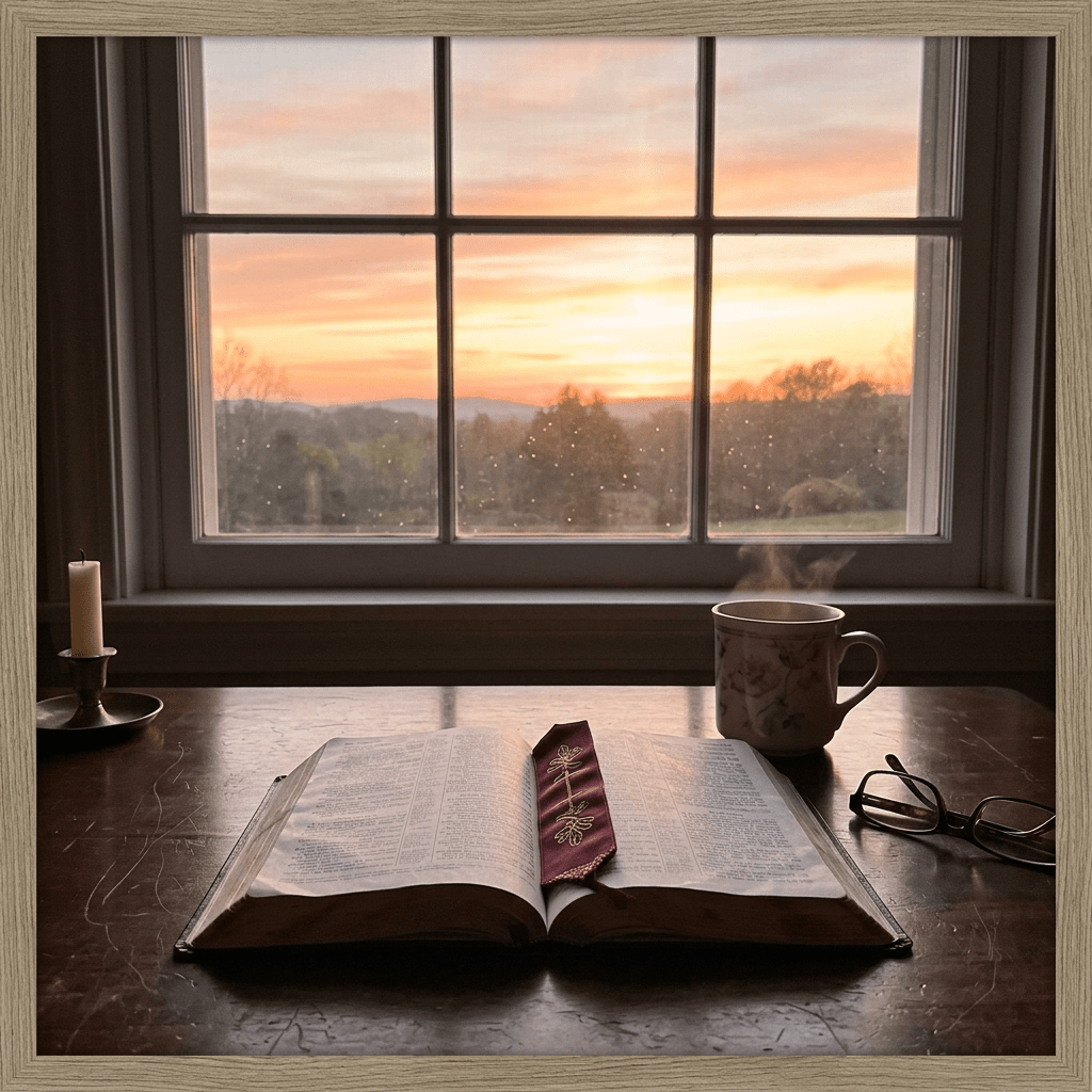 Open Bible with bookmark, steaming cup of tea, reading glasses on wooden table by window with sunrise view