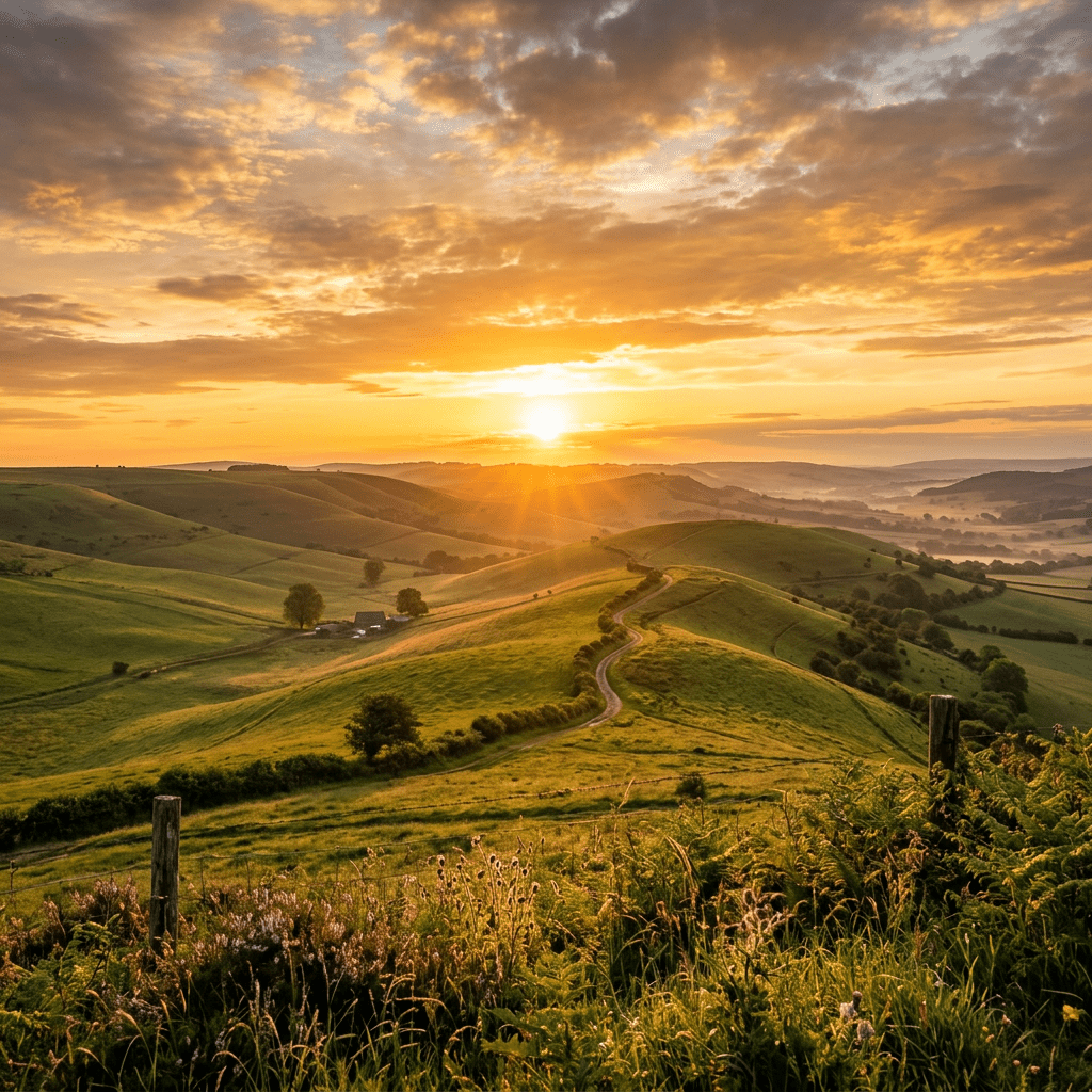 Sunrise illuminating rolling green hills with winding path and scattered trees