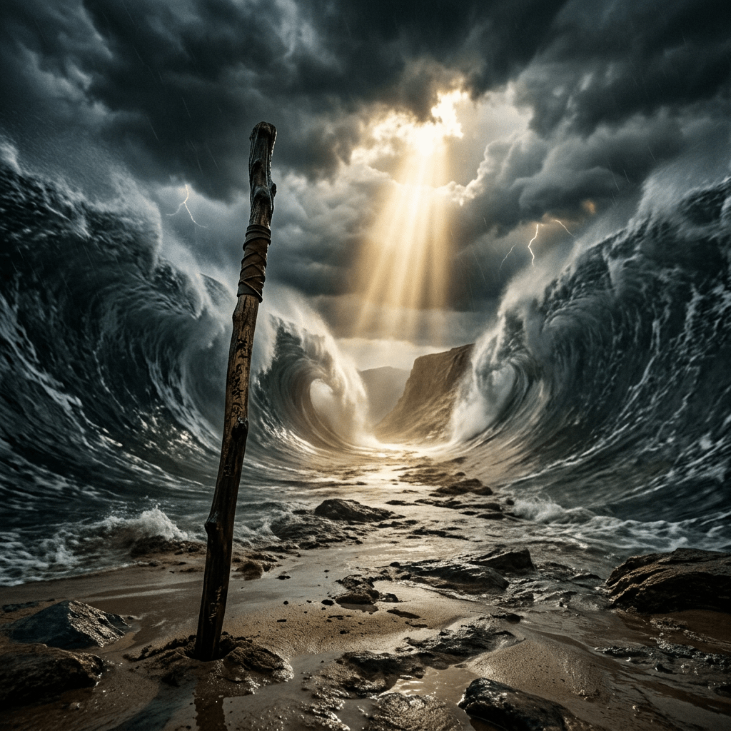 Wooden staff in sand with parting ocean waves and stormy sky
