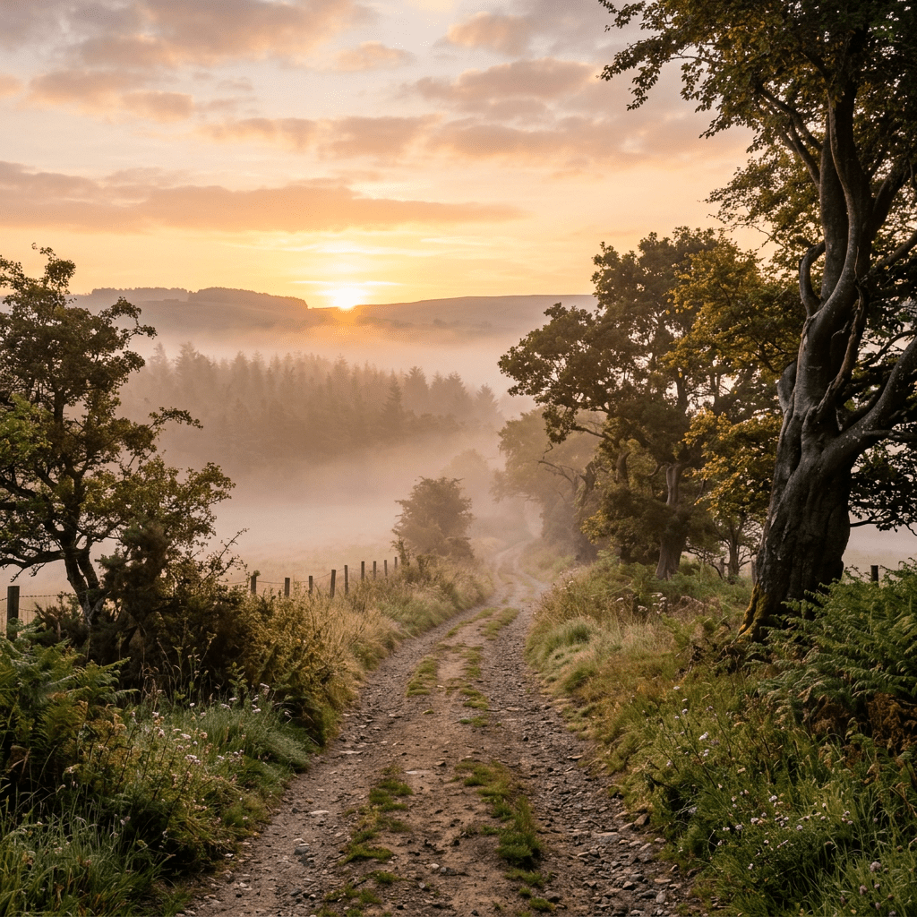 Sunrise over a foggy forest path with trees on both sides