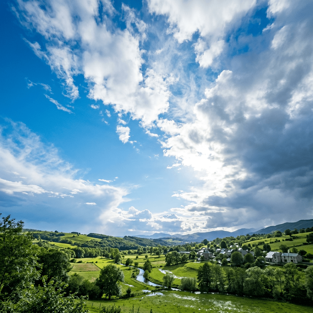 A rural village in a green valley with trees, fields, and a winding river under a partly cloudy blue sky.