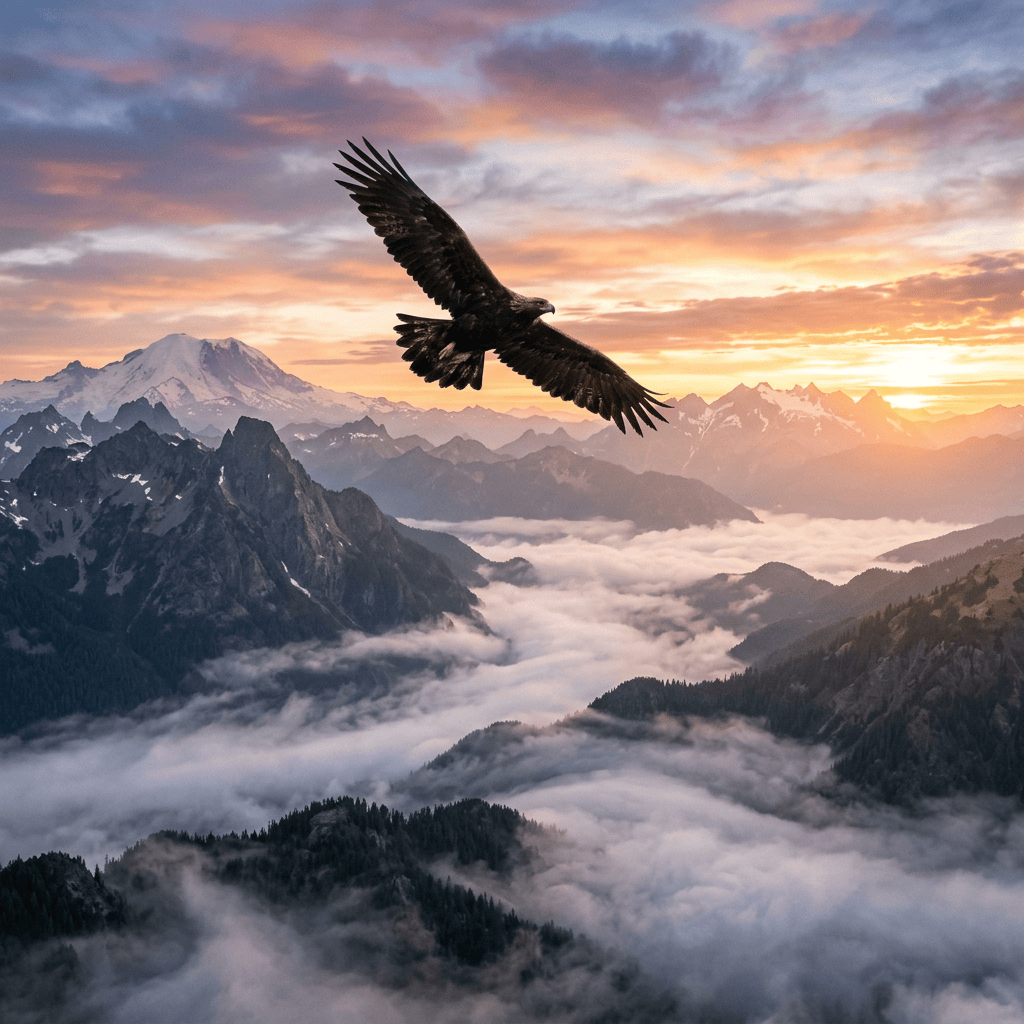 Eagle flying with wings spread over mountain range with fog and sunrise