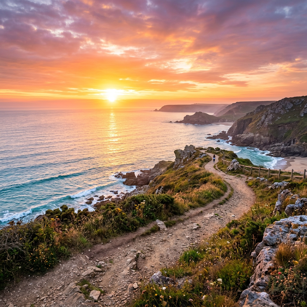 Rocky coastal trail overlooking cliffs, ocean, and a colorful sunset