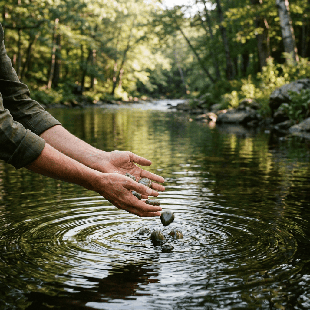 Hands dropping smooth stones into a forest stream, creating ripples