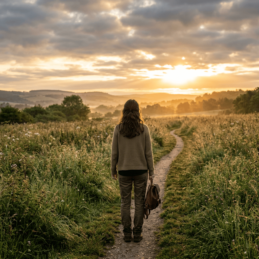 Person carrying a backpack along a meadow path at sunset