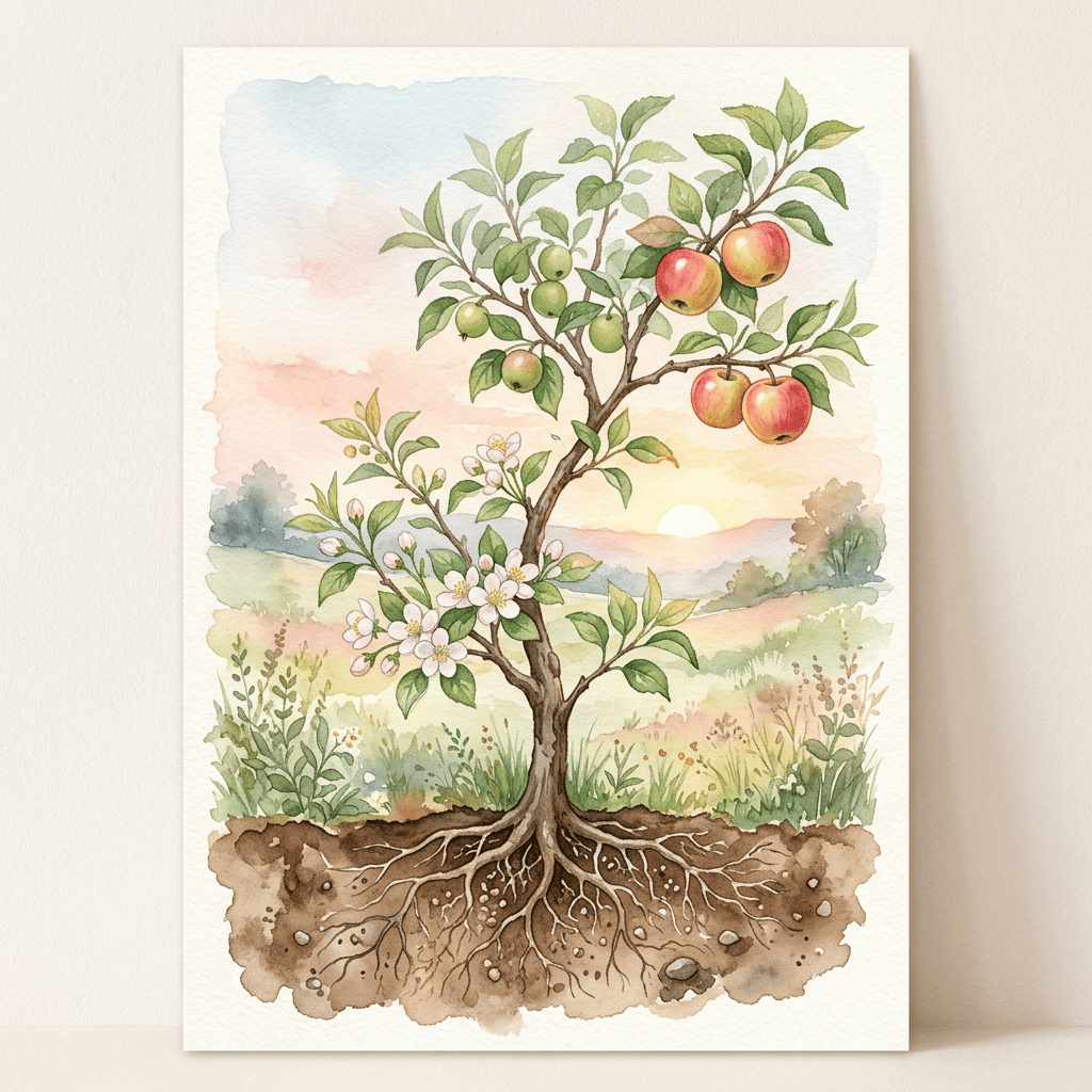 Watercolor apple tree with blossoms, apples, leaves, and exposed roots