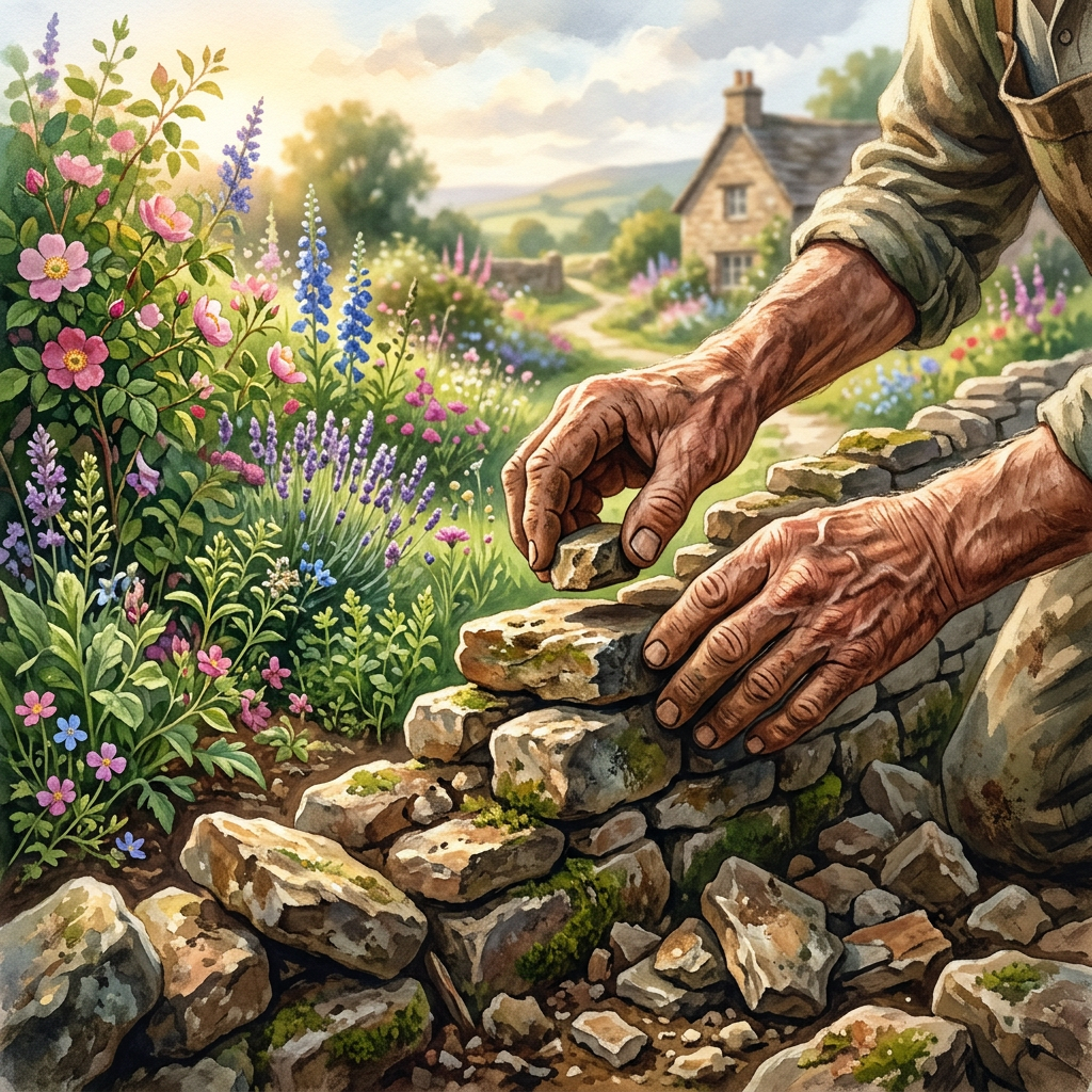 Hands placing stones on a rustic wall beside a flower-filled cottage garden