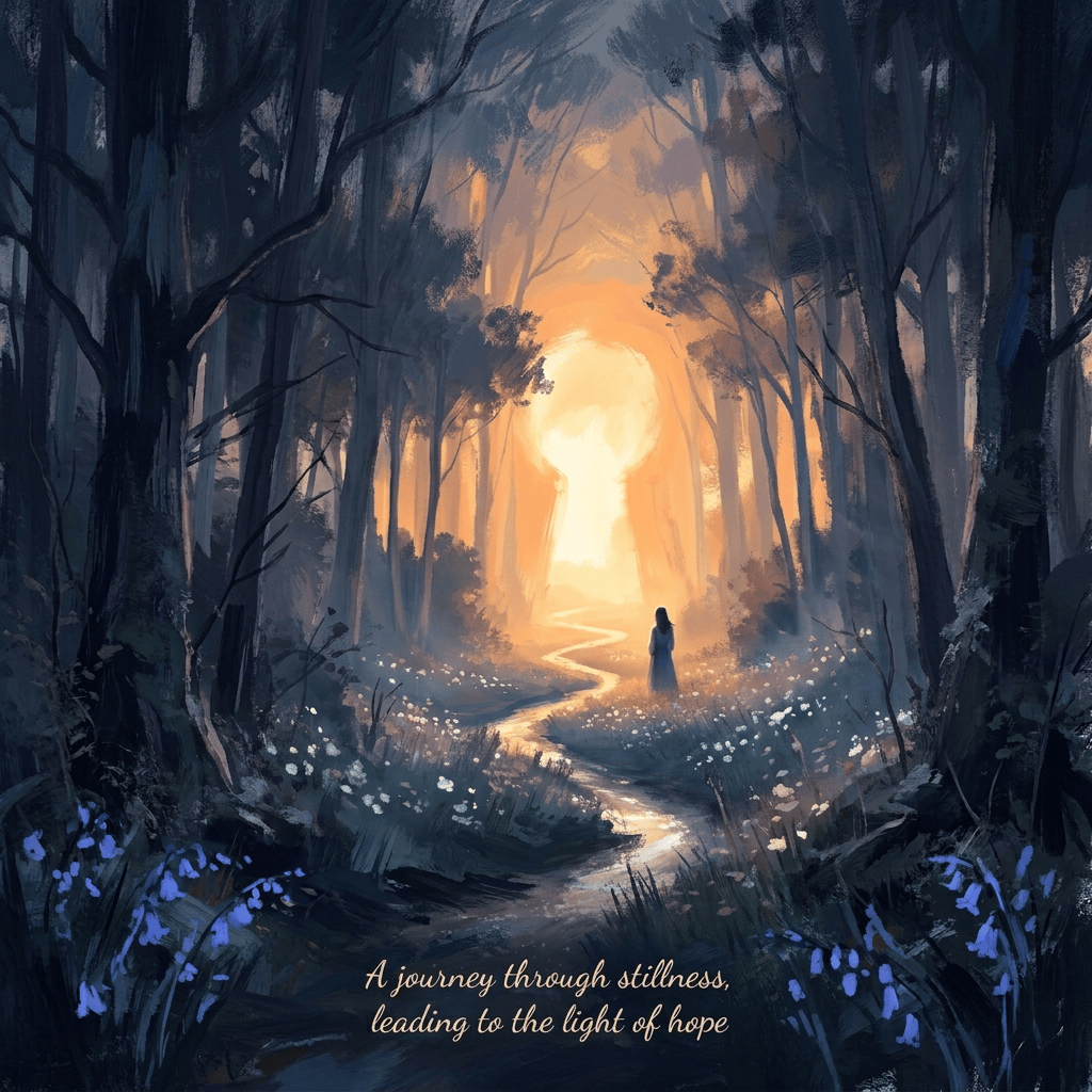 Winding path through a dense forest toward a glowing sunset