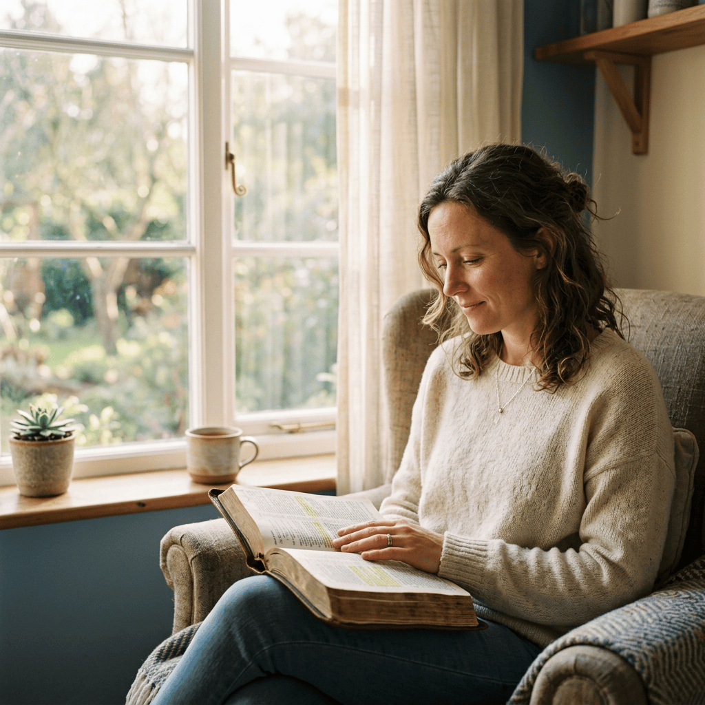 Woman reading an open Bible in a sunlit armchair